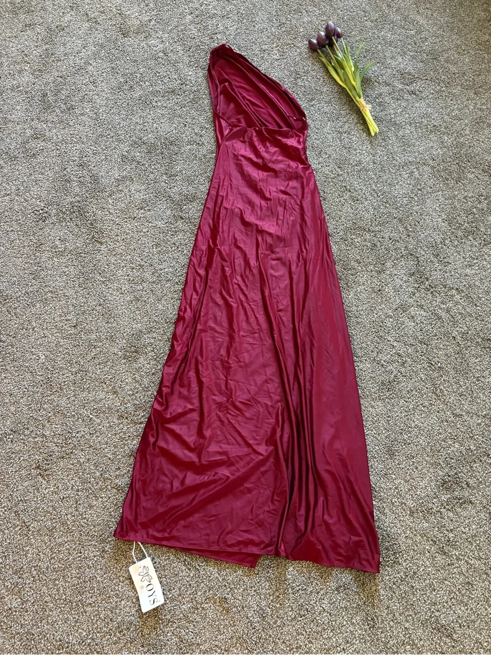 One-Shoulder Burgundy Satin Evening Dress